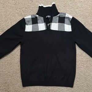 Stacy Adams Mens 1/4 Zip Mock Neck Pullover Sweater Black Gray Checkered Size L